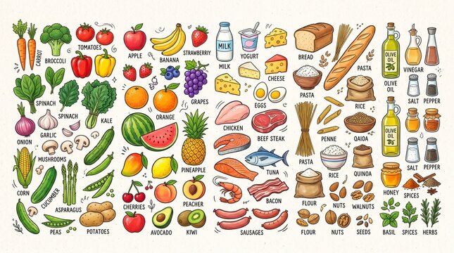 Hand drawn food illustration set featuring various healthy fruits vegetables dairy meat bread and pantry staples for cooking and nutrition education organized in a detailed collection