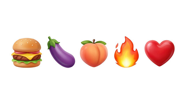 Collection of five colorful emojis representing food, fire, and love symbols isolated on transparent background