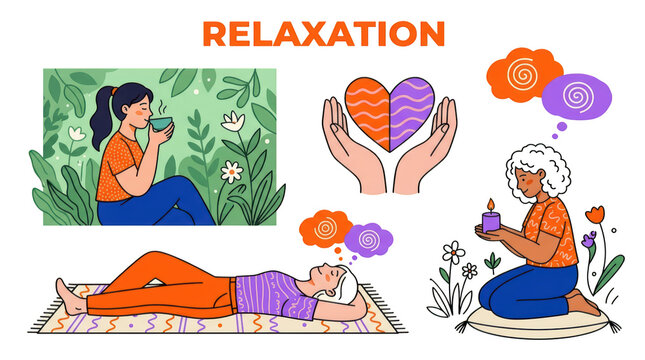 Illustration depicting relaxation activities including meditation and candle lighting isolated on transparent background