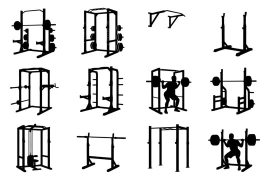 Gym equipment silhouettes: power racks, squat racks, pull-up bars, strength training visuals.