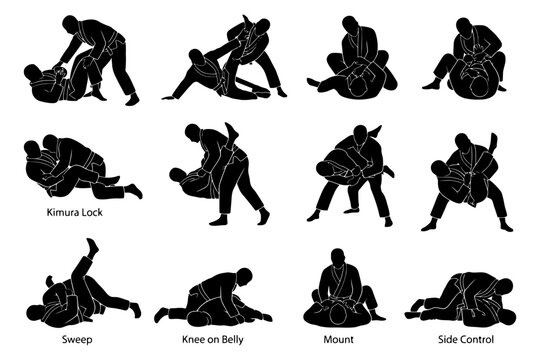 Black silhouettes demonstrating brazilian jiu-jitsu techniques and positions.