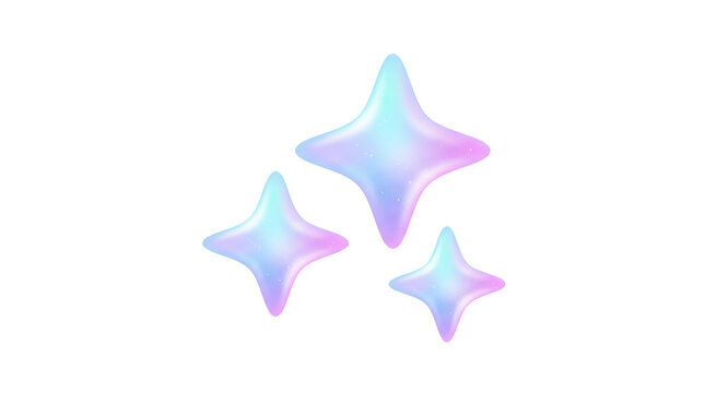 Three iridescent starshaped objects with pastel colors on transparent background