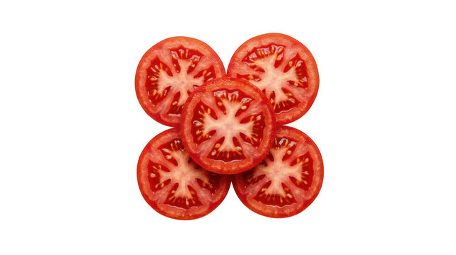 Closeup of fresh red tomato slices arranged in a circular pattern on transparent background
