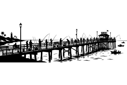 Silhouette of people fishing on a pier at sunset with boats and lighthouse.