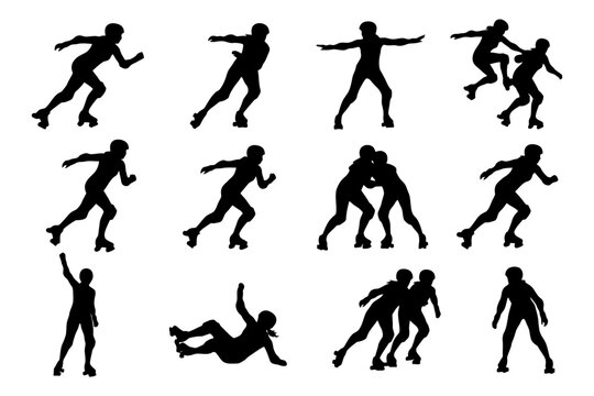 Silhouettes of roller derby players in action and diverse poses.