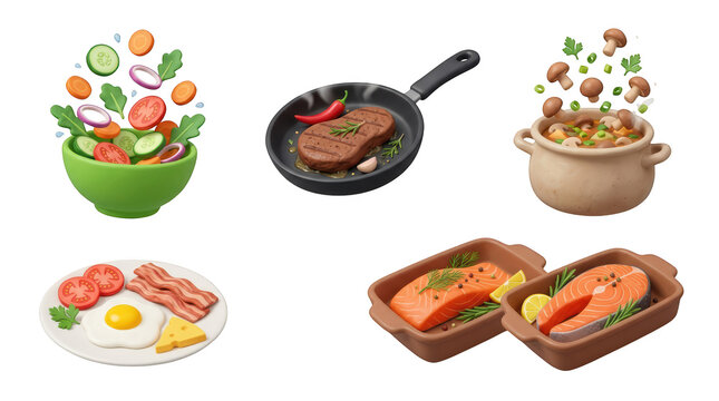 Assorted food items including salad steak mushrooms eggs and salmon dishes isolated on transparent background