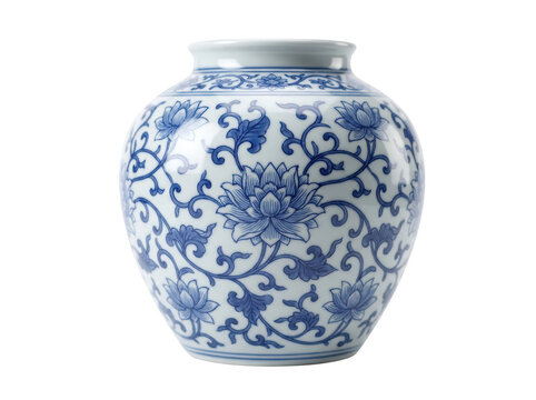 Elegant blue and white floral porcelain vase with intricate design isolated on transparent background