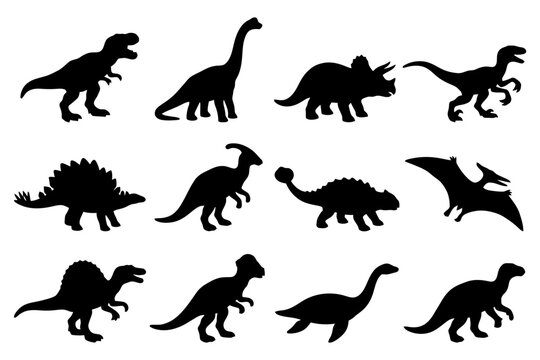 Silhouettes of various prehistoric dinosaurs and reptiles.