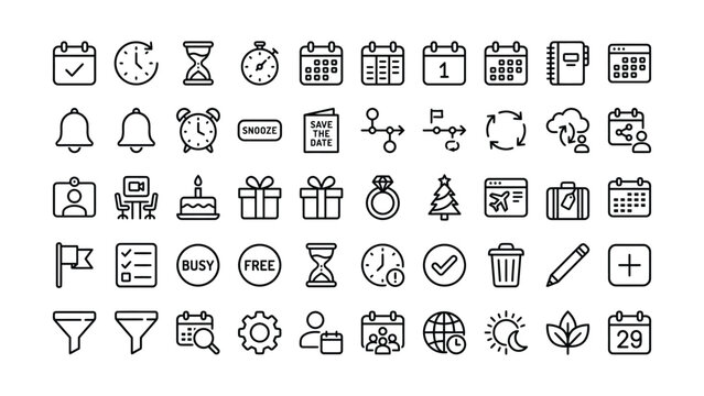 Comprehensive collection of modern line icons for calendar time scheduling events and interface design needs