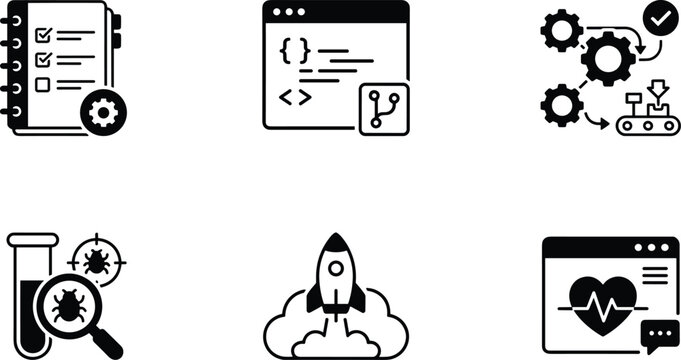 Set of software development, DevOps, and programming icons with editable vector illustration