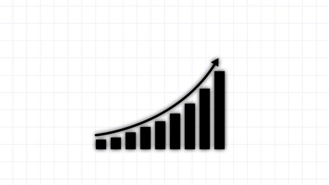 Animated business bar chart graph showing exponential growth and financial success with rising arrow trend line on a clean white grid background, for corporate presentations, and marketing analytics