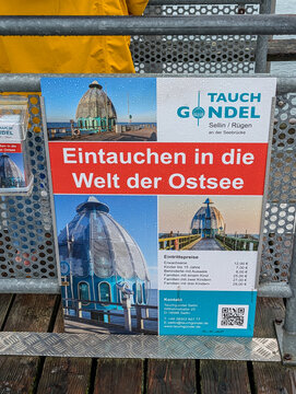 Sellin, Mecklenburg-Western Pomerania, Germany-June 22, 2026: Diving Gondola information board at Sellin Pier, Ruegen