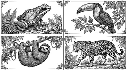 Fototapeta premium Tropical jungle animals consisting of a frog, toucan, sloth, and leopard are depicted in detailed black and white panels surrounded by lush forest vegetation.