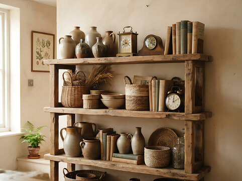Rustic wooden shelving unit decorated with vintage pottery books and antique clocks in a cozy home interior.