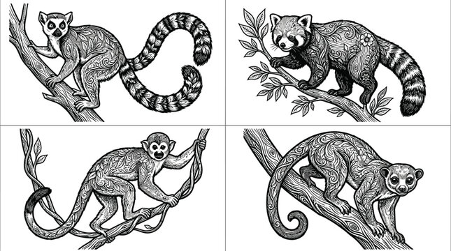 Primates including a lemur, red panda, squirrel monkey, and bushbaby are depicted in this sophisticated etched illustration series showcasing small mammals climbing on tree branches.