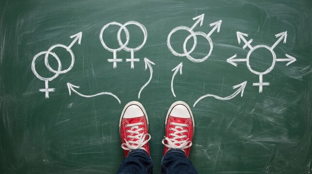 Person standing in front of a chalkboard with gender symbols and arrows