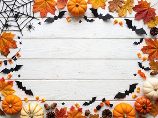 Obraz premium Halloween flat lay frame with pumpkins, autumn leaves, candy corn and bats on white wood background