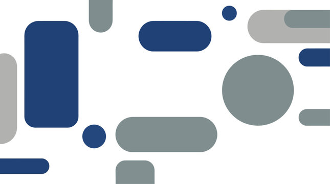 Abstract background featuring scattered blue and grey geometric shapes including circles and rounded rectangles on white