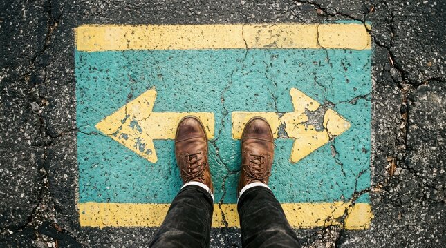 Person standing between two arrows pointing in opposite directions
