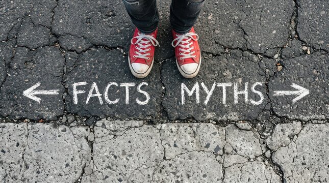 Person standing at a crossroads between facts and myths on cracked asphalt road