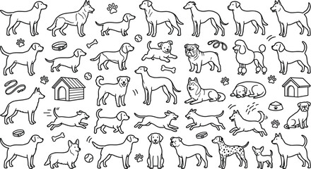 Obraz premium Cute Dog Breeds Vector Line Art Icon Set Featuring Various Puppies, Pet Accessories, Kennels, and Footprints for Coloring Books and Patterns