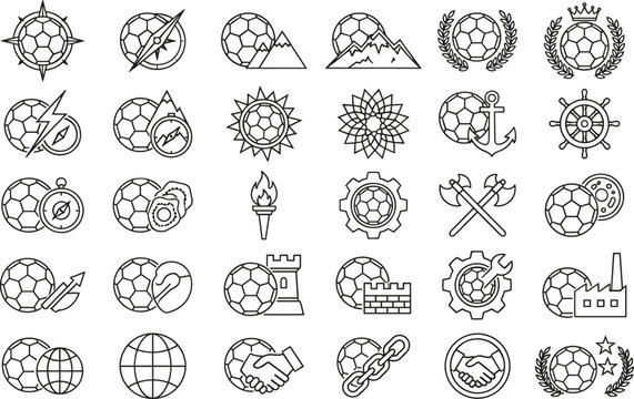 Soccer balls and sports emblems outline icons vector set for championship and tournament concepts
