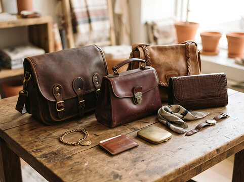 A collection of vintage leather bags and accessories arranged on a rustic wooden table.