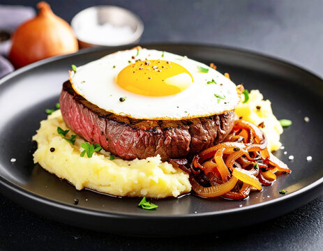 Broiled beef steak with a fried egg top, mashed potatoes and caramelized onions. AI