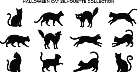 Fototapeta premium Black cat silhouettes collection vector illustration on a white background for seasonal designs silhouette