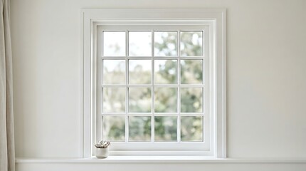 Fototapeta premium Modern White Window With Grid Panes Showing Outdoor Greenery