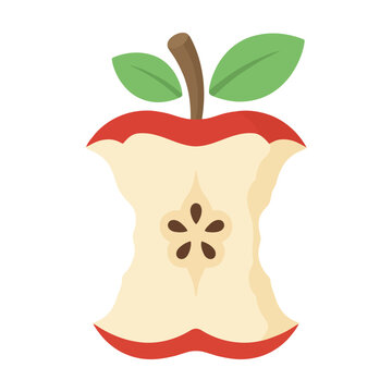 A red apple core with green leaves flat vector illustration isolated as a simple food icon Vector