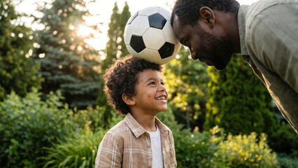 Naklejka premium Smiling Black father and son balancing a soccer ball, playing happily in a sunny park.