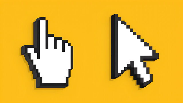 Isometric computer mouse cursor and hand pointer pixel icons with computer