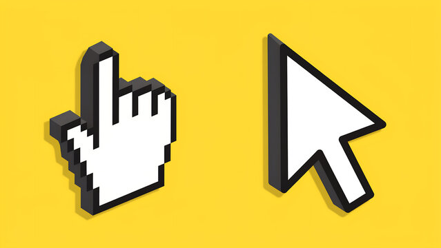 3D pixelated computer mouse cursor and hand pointer set on yellow with computer