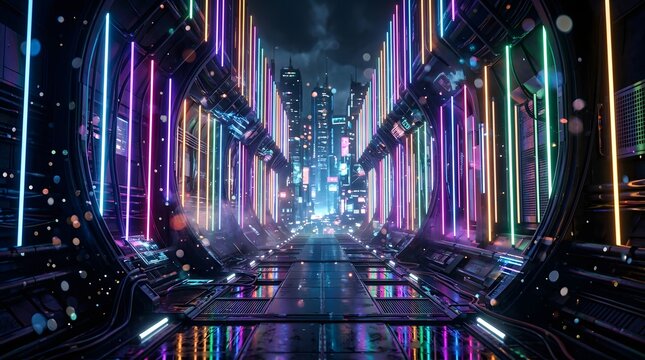 Futuristic neon city street corridor at night with glowing vertical lights and reflection on wet ground futuristic architecture