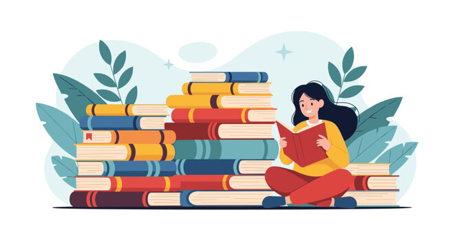 Young woman sitting on the floor reading a book in front of multiple high stacks of books, representing self education.