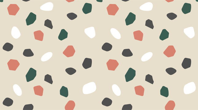 Abstract terrazzo pattern with colorful organic shapes on a soft light beige background Vector
