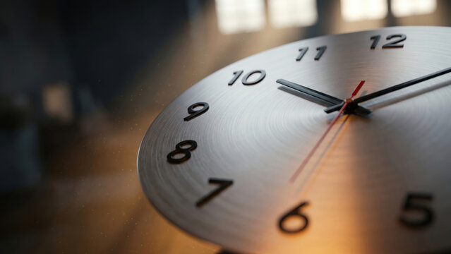 Close-up of a modern analog clock face with moving hands, symbolizing time, business, and deadlines.