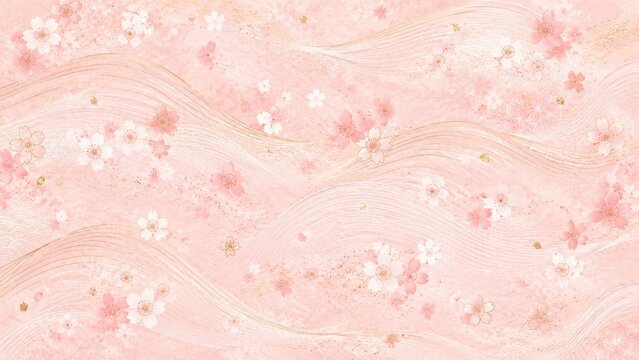 Soft pink cherry blossom background with flowing gold-accented waves, delicate sakura petals and floral pattern in a romantic pastel Japanese style