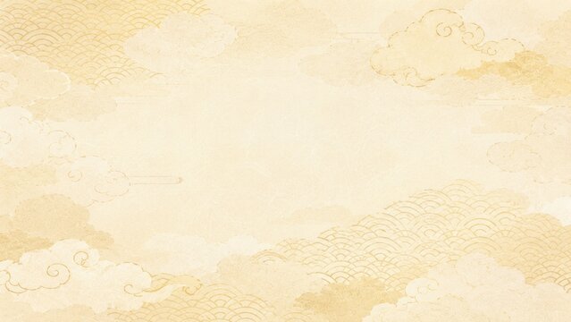 Beige vintage parchment background with stylized Asian clouds and wave patterns in a subtle textured, ornamental design