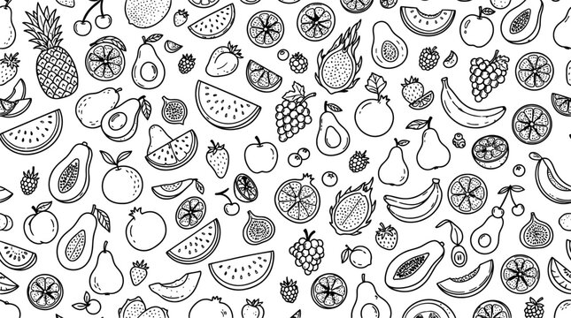 Hand drawn doodle pattern with various fresh tropical fruits and berries in black and white Vector