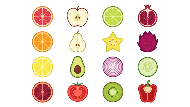Set of fresh colorful fruit and vegetable slices and halves icons on a simple flat style Vector