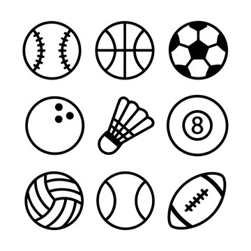Set of black and white line icons representing various sports balls and equipment for games Vector