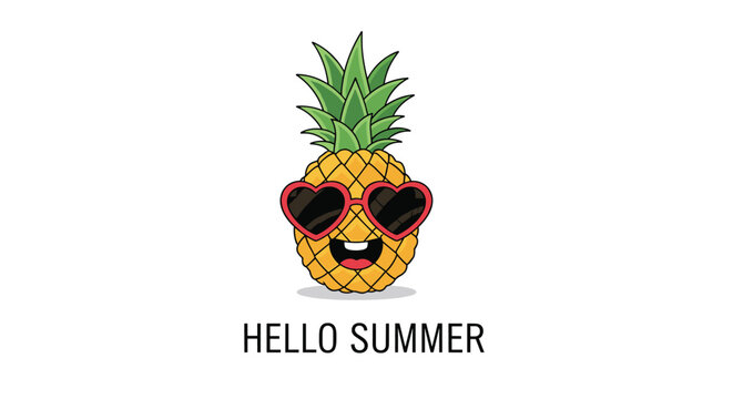 Cute cartoon pineapple character wearing red heart sunglasses with Hello Summer text on white background.