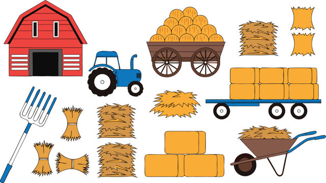 Farm equipment collection features a red barn, blue tractor, wooden wagon, and hay bales arranged on a clean white background for design.
