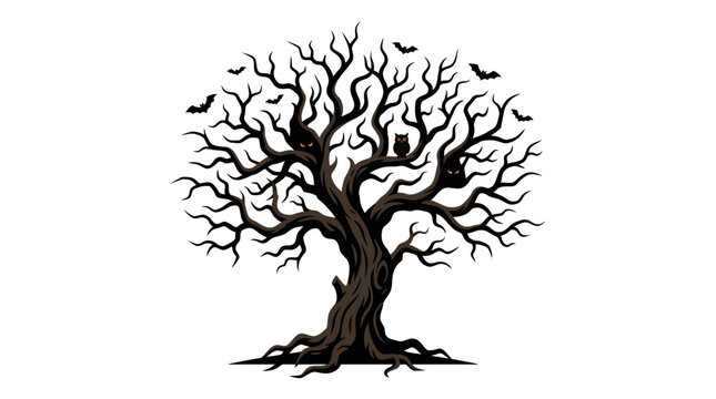 Spooky Halloween tree with gnarled, dark branches and roots, featuring subtle owl silhouettes and flying bats, set against a stark white background.