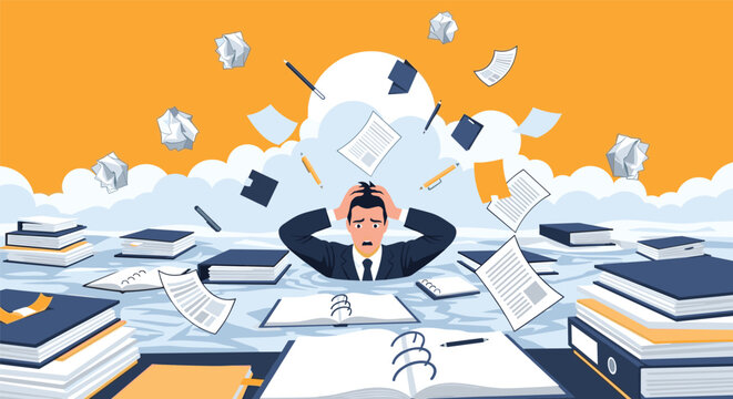 Stressed businessman drowning in a sea of paper documents, books, and folders representing heavy work overload.