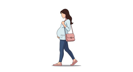 Fototapeta premium Pregnant young woman with long brown hair walking happily while carrying a pink shoulder bag on a plain white background.