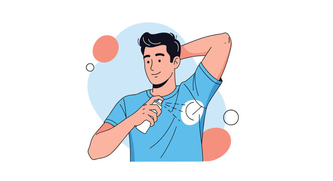 Smiling young man applying underarm deodorant spray to stay fresh and clean, promoting personal hygiene and self care.
