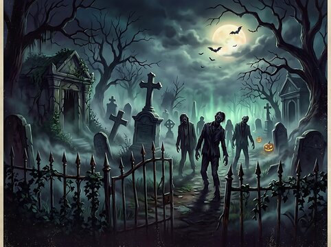 Zombie invasion in spooky halloween graveyard with full moon, old crypts, and bare trees, eerie fog.